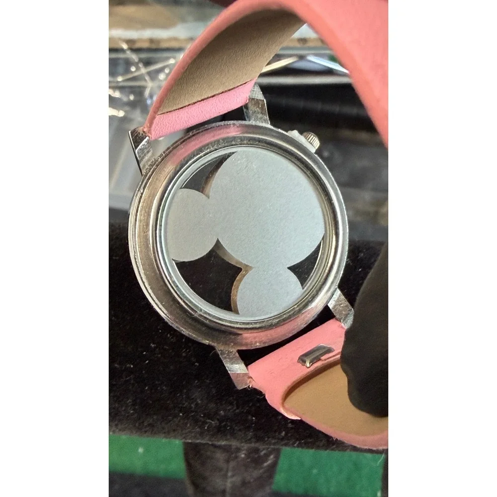 Disney Mickey Mouse Pink Silhouette Transparent Dial Watch B197 Silver Tone Case